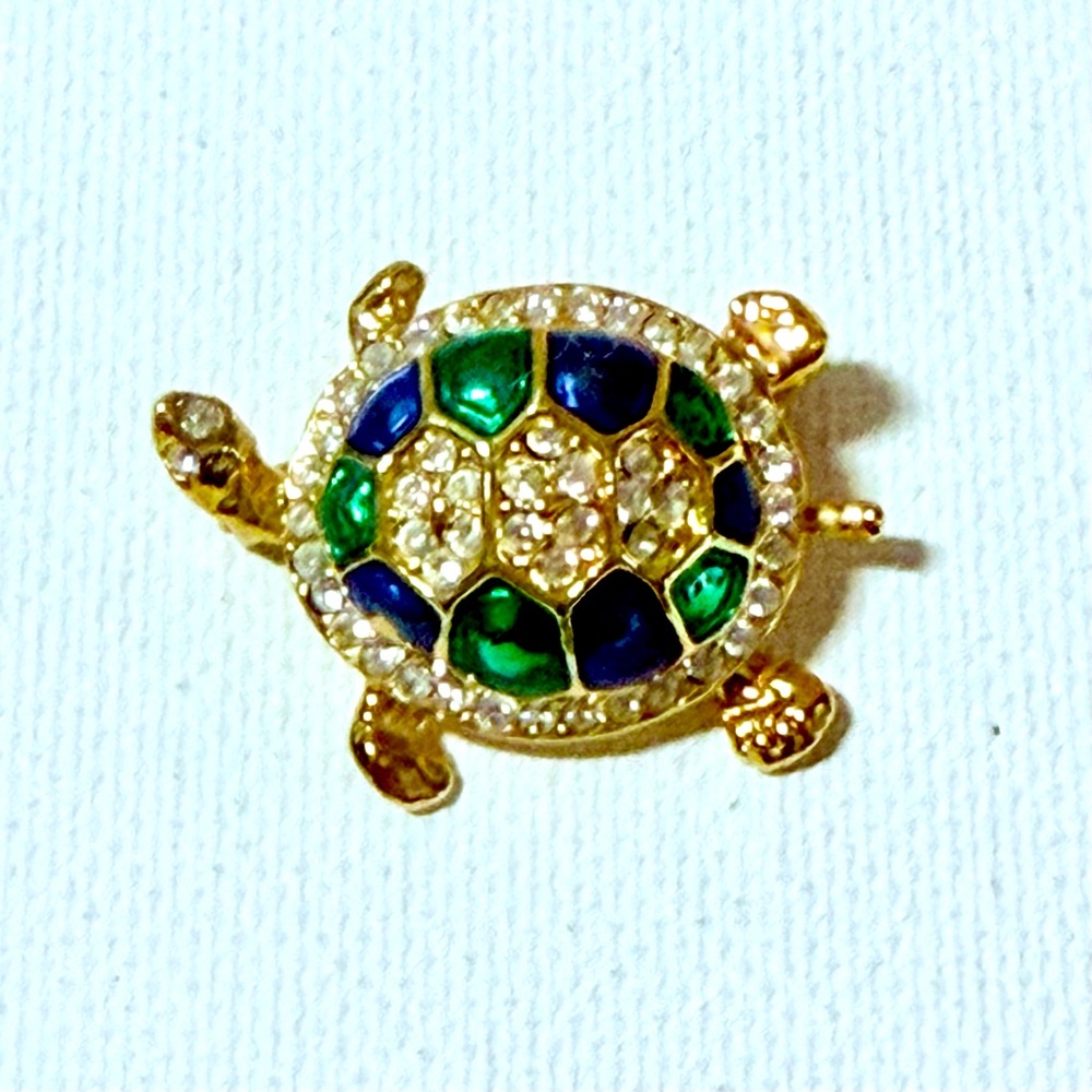 Vintage Gold Tone Enamel & Rhinestone Turtle Brooch Pin - Picture 2 of 11